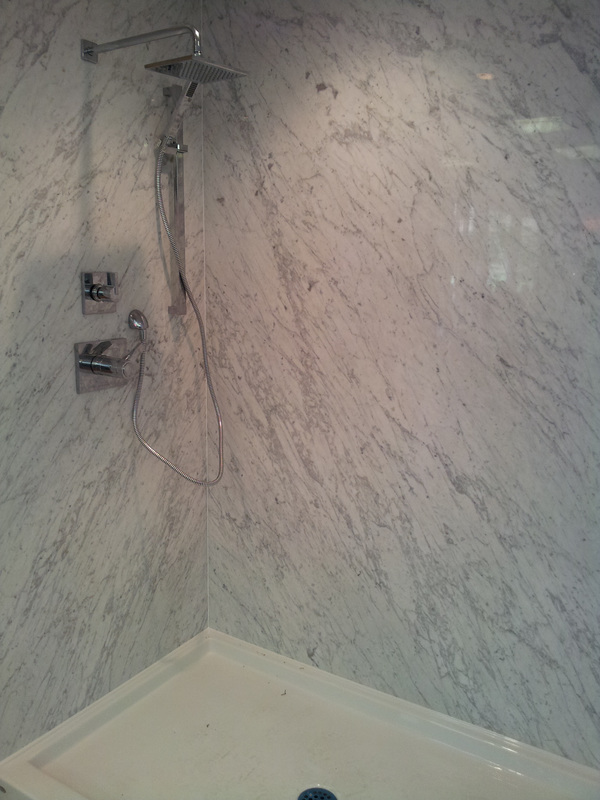 Picture, Shower, White Carrara Marble stne panels, 3/8 thick four foot by eight foot marble panels, chrome bath fixtures