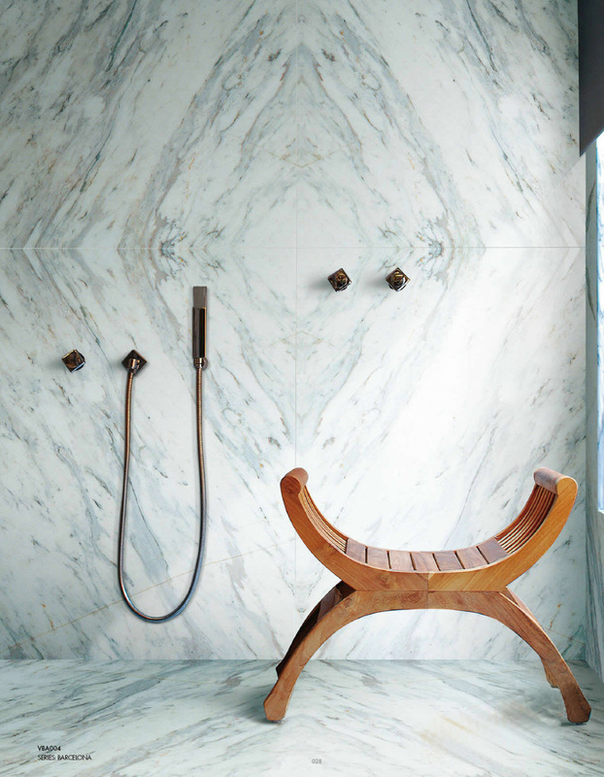 Picture, White Carrara Marble stone panels. Custom shower, Teak bench, copper shower fixtures